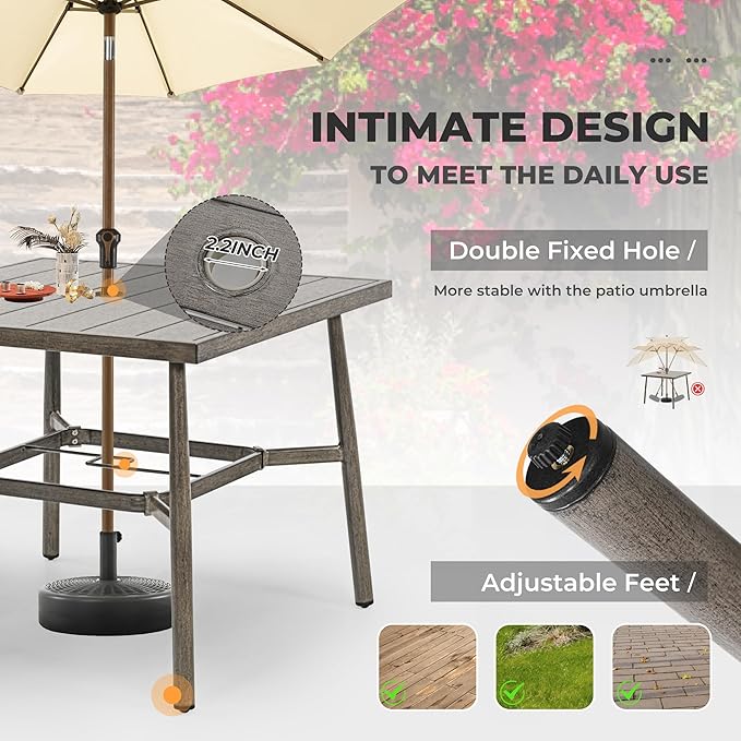 HAPPATIO 5-Piece Outdoor Dining Set for 4, Aluminum Patio Dining Set Includes 1 Large Square Table with Umbrella Hole & 4 Swivel Dining Chairs, Patio Furniture Set for Lawn, Porch, Backyard (Grey)