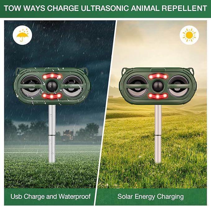 Animal Repellent Outdoor,Solar Pest Animal Repellent Outdoor,Squirrel Repellent,Racoon Repeller,Effective Deer Repellent Devices with Motion Sensor & Flashing Light for Yard Garden(2 Pcs)