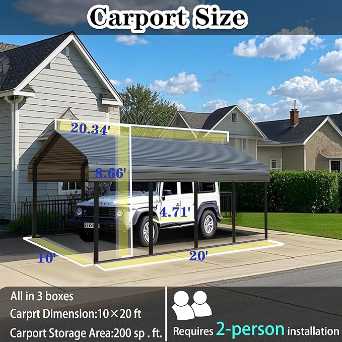 Heavy Duty Metal Carport 10x20 ft Galvanized Steel Frame RV Carport Storage All Weather Shelter Easy Assembly for Car Extra Large Canopy for Vehicle Boat Protection Garage Party Tent
