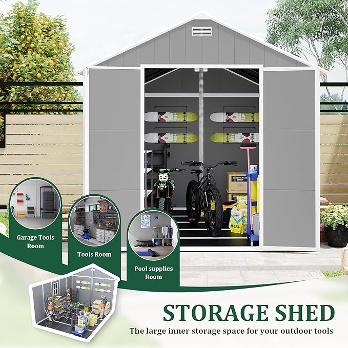 Resin Storage Shed 10x8 ft, Large Garden Shed with Floor, HD Window, Lockable Doors and Vents, 12mm Thick pp Board, Outdoor Storage Sheds for Backyard Patio (Gray, 10 * 8ft)