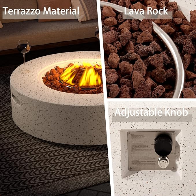 SUNBURY Outdoor Propane Fire Pit Table, 42 Inch 50000 BTU Round Spotted White Patio Gas Fire Table w Tank Cover Table, Lava Rocks, Waterproof Cover