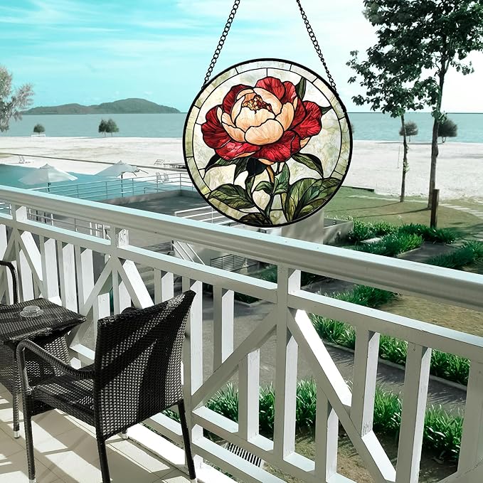 Stained Glass Window Hanging - Peony Suncatcher for Door Garden Home Decor Pink Birth Flower Sun Catcher Christmas Birthday for Friend Lovers Women Mom Nana 11.8 in