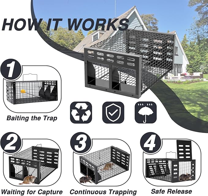 Rat Trap, Humane Live Rat Trap & Automatic Reset Mouse Traps with Dual One-Way Door Design –Catch and Release for Mice, Chipmunks, Hamsters, and Other Rodents, Indoors & Outdoors(2PCS Black)