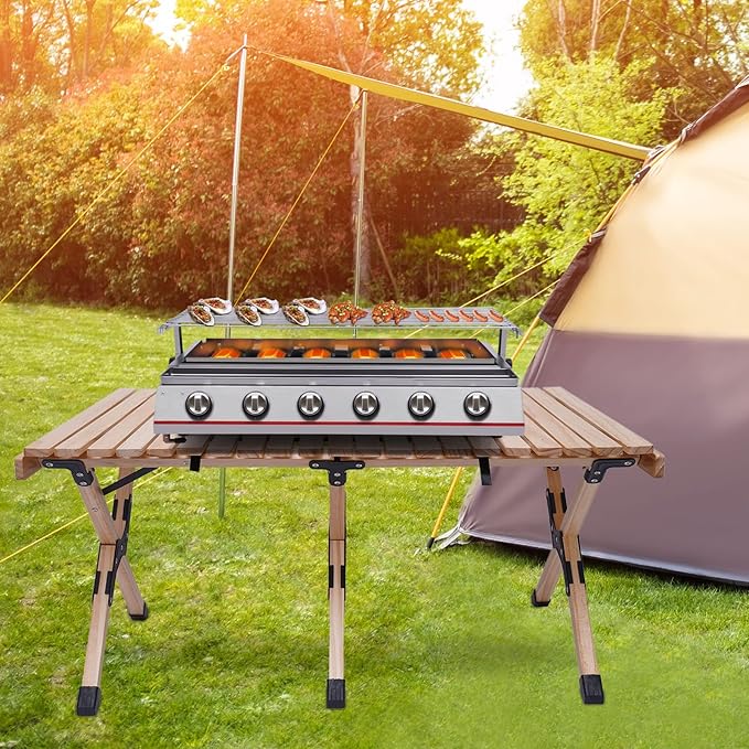 Outdoor Park Grills, 6 Burner Gas BBQ Grill With Adjustable Temperature, Portable Stainless Steel Barbecue Table Top Grill Cooking With Adjustable Height With Food Tray For Families, Barbecue Stores