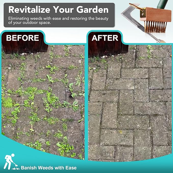Extendable Weed Brush Telescopic Gardening Tool with Angled Wire Bristles, Spare Heads, and Weeder Scraper for Clearing Weeds, Moss, and Algae from Patios, Driveways, and Block Paving