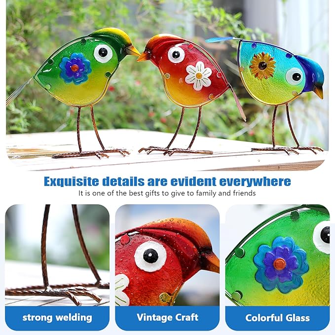 Bird Garden Decor for Outside, Glass & Metal Yard Art Decorations Outdoor Decor for Patio Backyard, Gift for Women Grandma Mom(3 Pack)