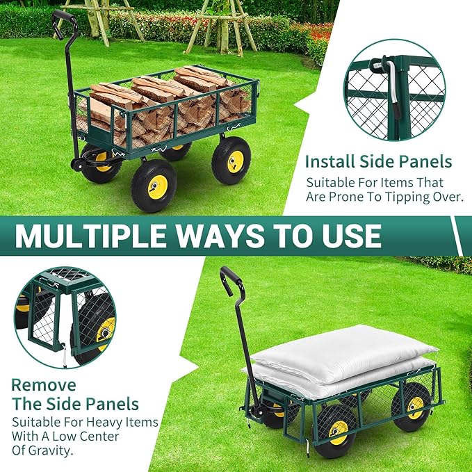 Heavy Duty Steel Garden Cart, 550LBS Pullable Metal Garden Wagon with 10" Wheels, 180° Rotating Handle and Removable Sides for Outdoor, Farm, Yard, Beach 