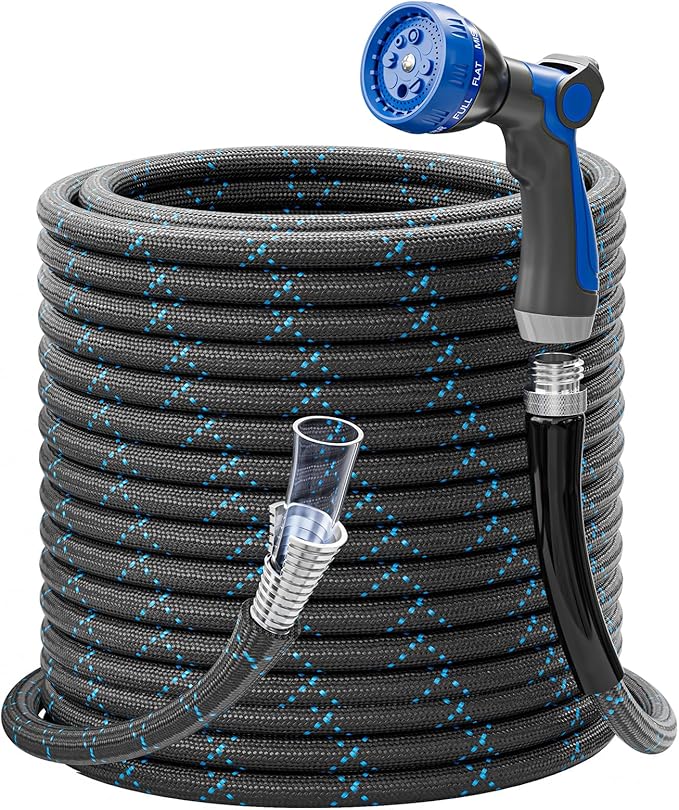 Garden Hose 75ft, 3-Layer Flexible Water Hose with 8 Pattern Spray Nozzle, Non-Expanding & Lightweight Stainless Steel Hose for Yard, Lawn, Outdoor-Leak Proof, No-kink & Tangle-free