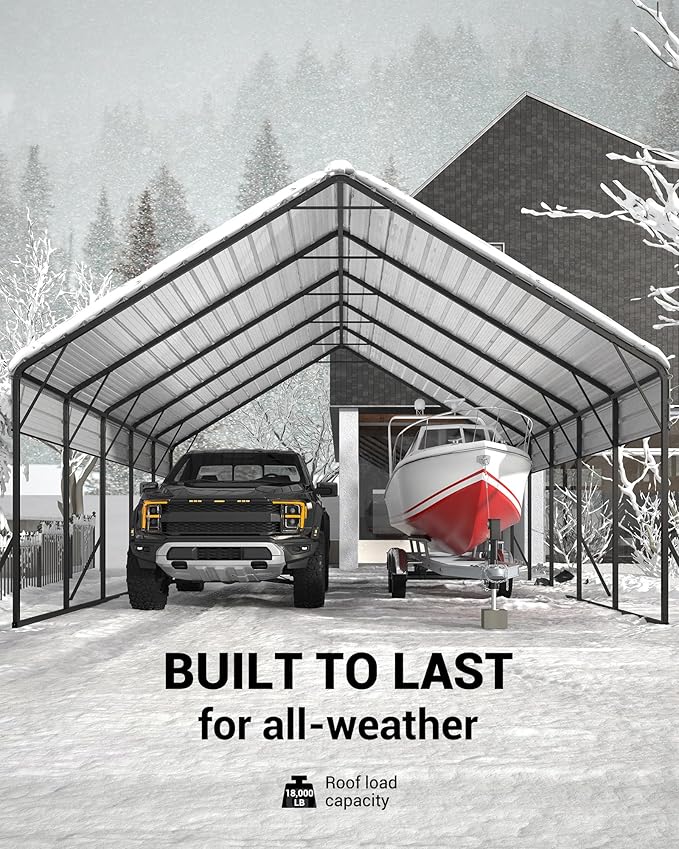 20x25x12.8 FT Metal Carport with Reinforced Frame, Galvanized Steel Roof & Enhanced Base Heavy Duty Car Ports for All-Weather Car Garage Shelter for Car, Truck, Pickup, SUV, Tractor, and Boat