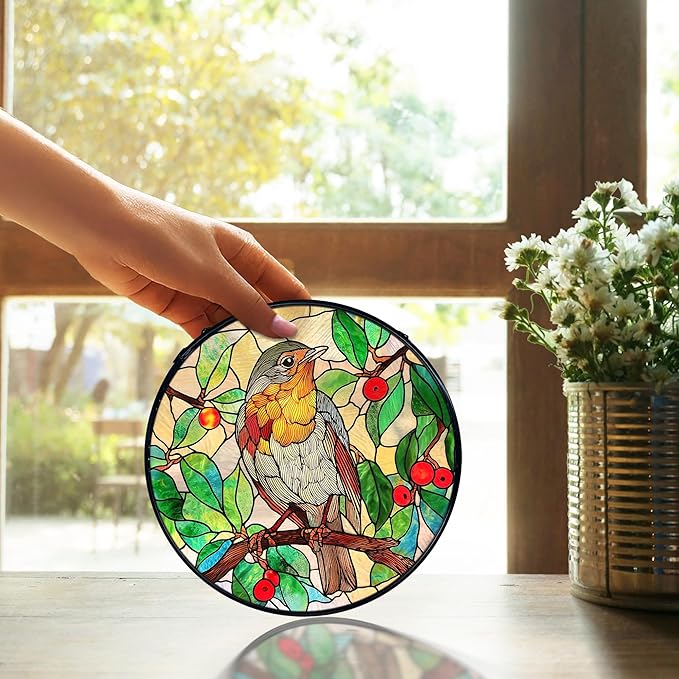 TNUW Bird Stained Glass Window Hanging, Bird Botanical Sun Catchers Indoor Window Glass Round Wall Art Decor, Birds Lover Gifts Wall Hanging Decorations, 7.9"x7.9"