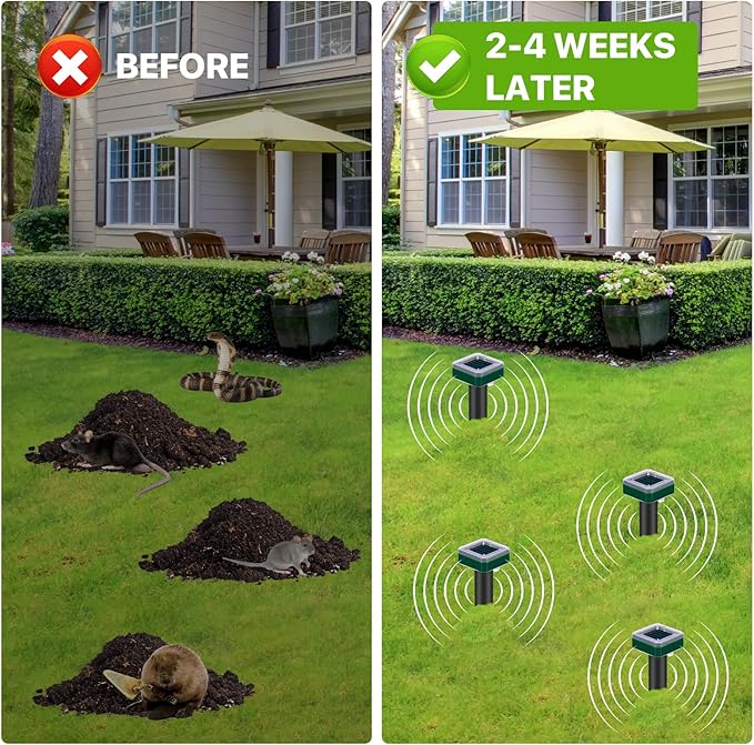 Mole Repellent Solar Powered for Lawns Snake Repellent for Yard Gopher Trap Groundhog Vole Repellent Ultrasonic Spike Outdoor Waterproof Sonic Chipmunk Rodent Burrowing Animals Deterrent Stake (4)