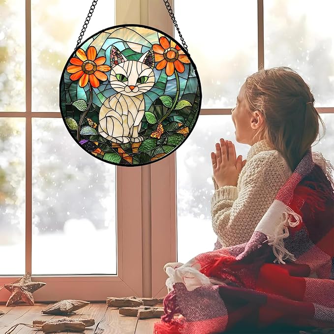 Stained Glass Window Hanging - White Cat Green Plants Orange Flowers Sun Catcher for Door Garden Home Decor Suncatcher Christmas Mother's Day Birthday Gifts for Women Men Mom Nana 6.3 in