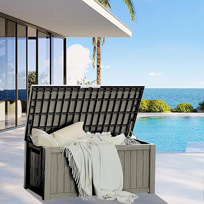 150 Gallon Waterproof Large Resin Deck Box Indoor/Outdoor Lockable Storage Container and Seating for Garden, Pool, and Patio (150 Gallon, Grey)