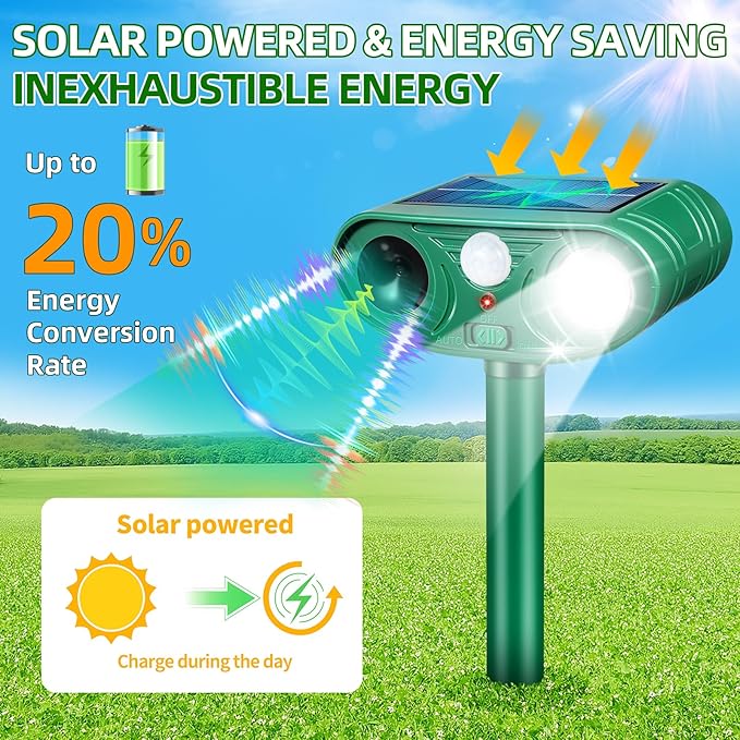 4 Pack Solar Ultrasonic Animal Repellent Outdoor Cat Rabbit Squirrel Dog Deer Repellent Devices Coyote Skunk Raccoon Fox Deterrents Light Animal Repeller with Motion Sensor for Yard Garden