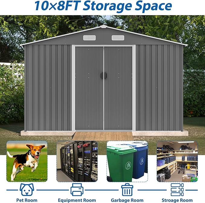 10X8 FT Outdoor Storage Shed, All Weather Metal Sheds with Lockable Doors, Tool Shed for Garden, Patio, Backyard, Lawn (Grey with Floor Frame, 10x8ft)