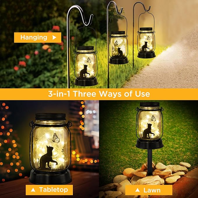Cat Solar Lanterns Cat Gifts for Women Men Cat Lovers Gifts Hanging Cat Lanterns with Stake for Yard Lawn Garden Decor Black Cat Lantern Torches