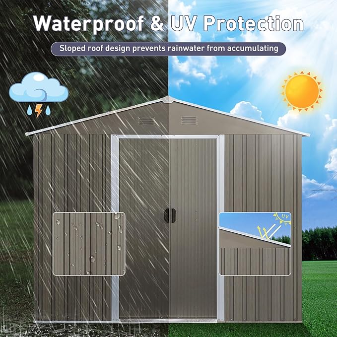 10×8FT Outdoor Metal Storage Shed Large Garden Sheds with Floor Base & Window,Sliding Doors and Padlock for Garden,Backyard,Lawn,Easy to Assemble,Grey