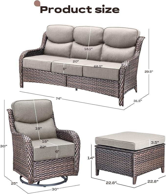 Wicker Outdoor Patio Furniture Set - 7 Piece Patio Conversation Sets with Swivel Rocker Chairs, Ottomans and Sofa, 6 inch Cushions, Waterproof Wicker, for Porch Deck Brown/Beige