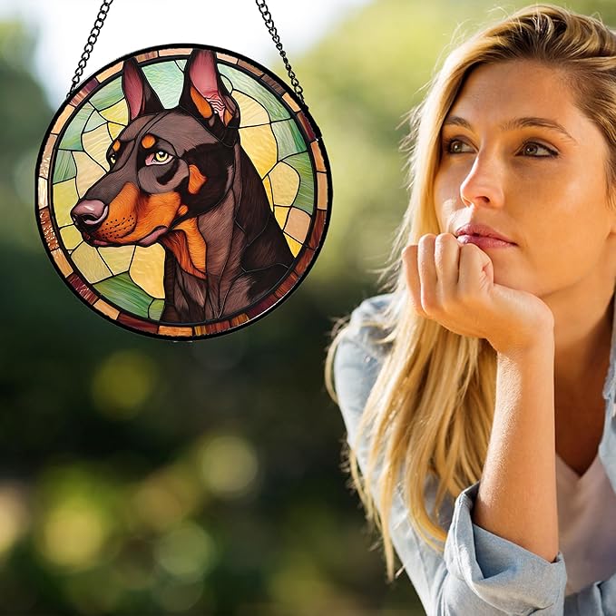 Stained Glass Window Hanging - Funny Dark Brown Doberman Pinscher Suncatcher for Door Terrace Garden Home Decor, Pet Dog Sun Catcher Birthday Gifts for Lovers Women Men Dad Mom Nana 6.3 in