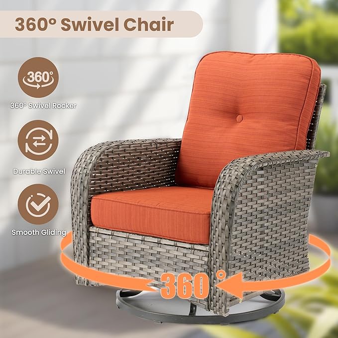 HOOOWOOO Outdoor Patio Furniture Set,9 Pieces Wicker Conversation Set,All Weather Couch Set with Swivel Chairs Solar Light Table Ottoman 9 Seaters for Out Door Yard(Brick Red)