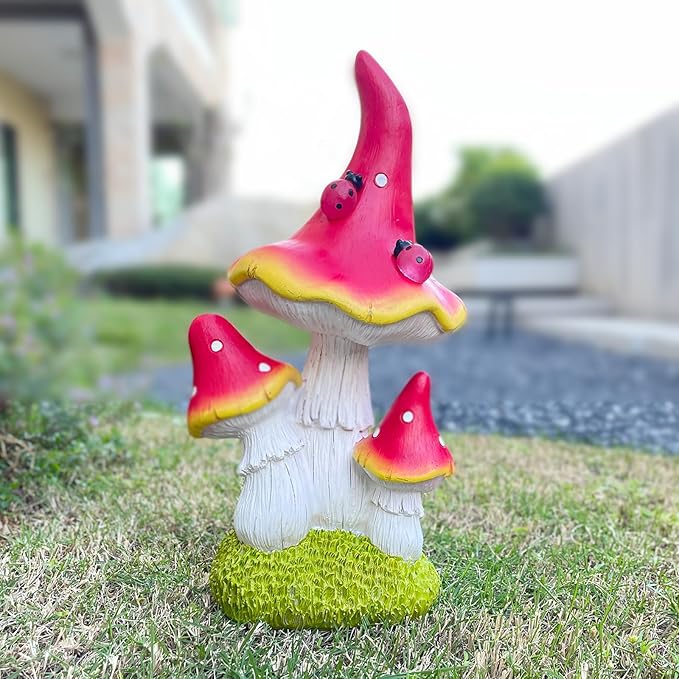 COWOS Solar Mushroom Garden Statue, Fairy Garden Accessories Outdoor Statues, Mushroom House Decor, 3 Mushrooms Head for Patio Yard Lawn Porch Outdoor Decor