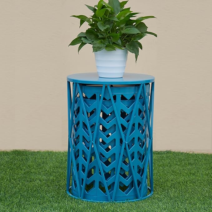 Y&M Nesting Side Table, Set of 3 Stacking Coffee Table for Living Room, Indoor End Tables, Outdoor Decorative Garden Stool with Heavy Duty Metal Frame Modern Industrial Decor - Blue
