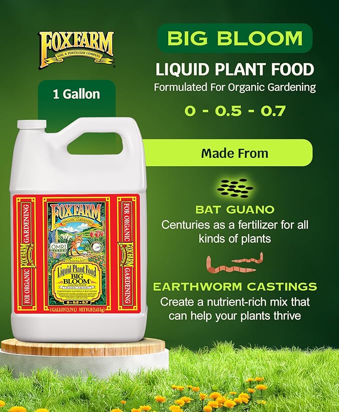 FoxFarm - Big Bloom Plant Food, Liquid Fertilizer Concentrate for Flowers, Fruits, and Vegetables, All Purpose Plant Fertilizer for Indoor & Outdoor Potted Plants, NPK 0-0.5-0.7 (Gallon)