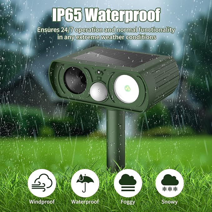 Solar Ultrasonic Animal Repellent, Deer Repellent Devices Waterproof with Motion Detection, Cat Repellent Outdoor Squirrel Skunk Rabbit Dog Raccoon Bird Deterrents Animal Repeller for Yard, 2 Pack