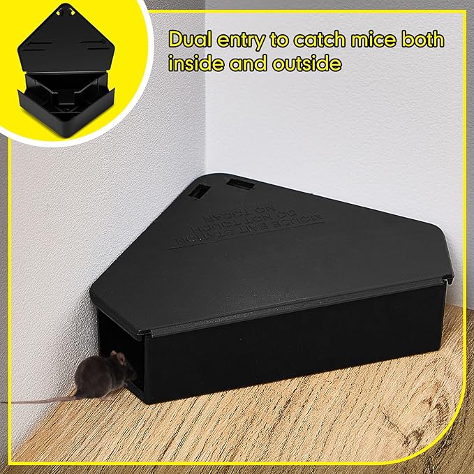 Qualirey 2 Pcs Mice Station with Key Triangle Bait Station Reusable Rodent Trap Bait Box, Keeps Children and Pets Safe Indoor & Outdoor, Bait Not Included, Suitable for Small Mice (Black)