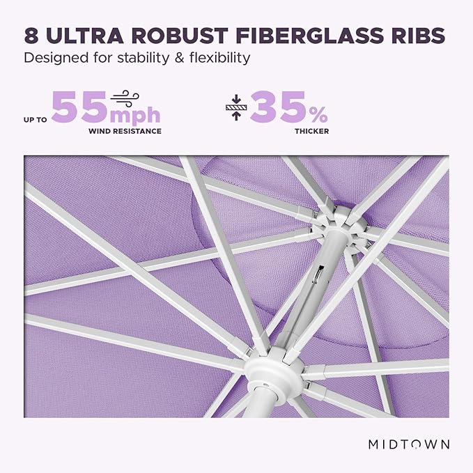 Midtown Umbrellas The Swilt 8 Feet Patio Umbrella in Terylast Midtown Purple Polyester Fabric - Fiberglass Ribs, Auto-Tilt Aluminum Frame For Backyard, Deck, Garden, Pool - White Pole