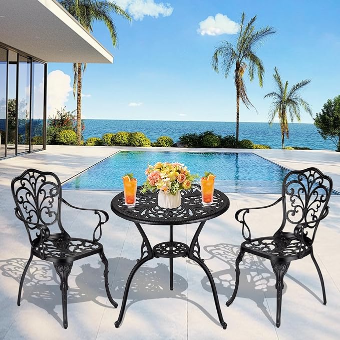 3 Piece Bistro Set, Outdoor Bistro Table and Chairs Set of 2, Rust-Resistant Cast Aluminum All Weather Patio Outdoor Bistro Set with Umbrella Hole for Backyard, Balcony, Front Porch, Black