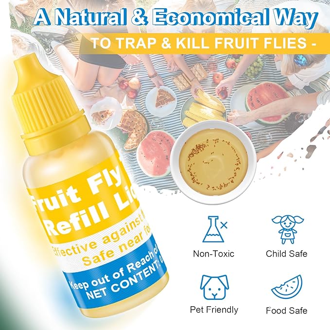 Qualirey Fruit Fly Trap for Indoor and Kitchen Use, 0.68 oz Each Bottle Fruit Fly Trap Refill Liquid, Ready to Use, Safe Near Food, Efficient Lure Refill Liquid, Yellow(8 Pack)