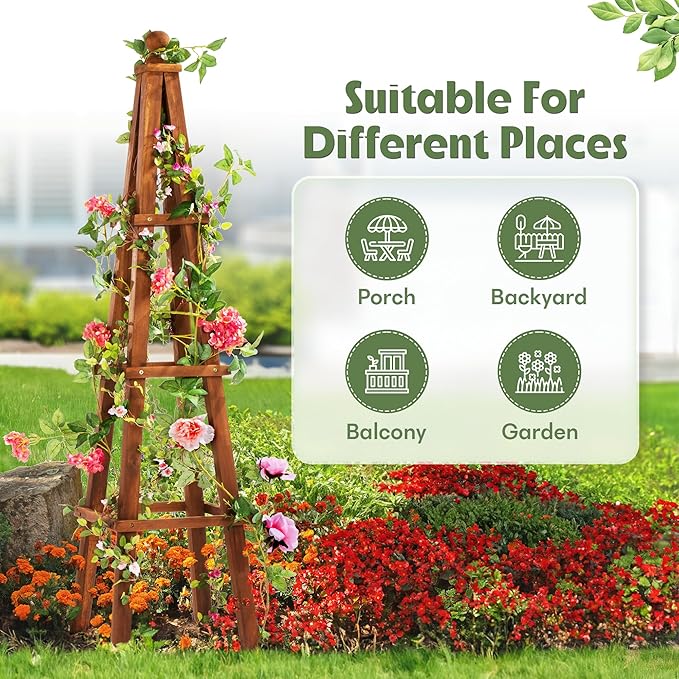 Idzo 61-Inch Wood Obelisk Trellis for Climbing Plants, Outdoor & Indoor Garden Decor, Light Brown, Durable, Space-Saving, Easy Assembly, Ideal for Patio & Yard β Upgraded 2025