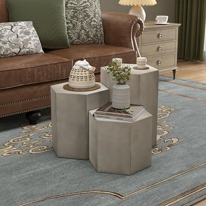 COSIEST Concrete Accent Table, Hexagon Patio Side Table 14.5''Wx16''H, Modular Design Indoor Outdoor End Table, Light Grey