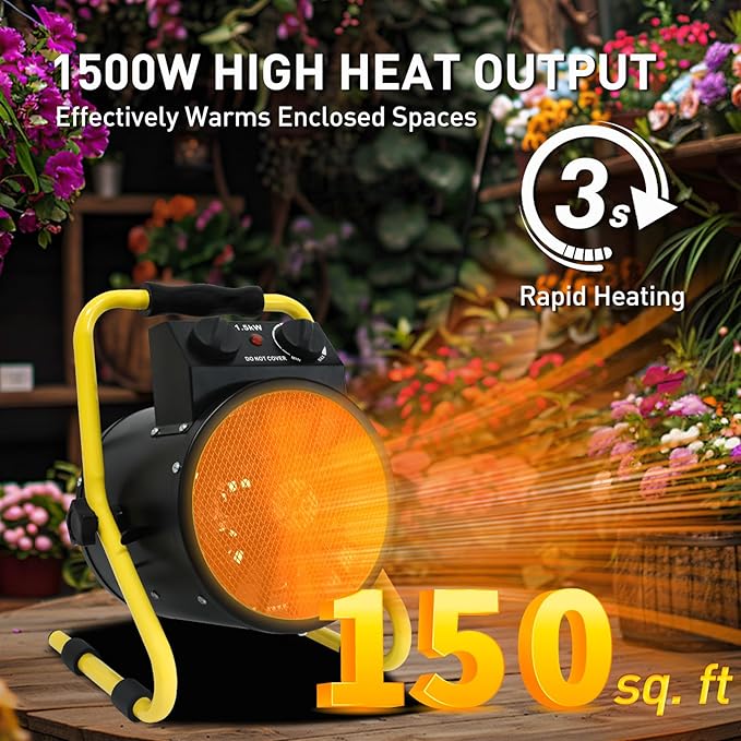 Portable Greenhouse Heater with Digital Thermostat, Overheat Protection, 1500W Radiant Electric Heater for Indoor & Outdoor Use, Garage, Grow Tent, RV, IPX4 Water Resistant, 1 Piece, Black