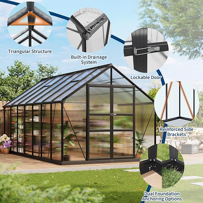 Greenhouse, 8x14 FT Greenhouses for Outside, Polycarbonate Greenhouse with Aluminum Frame, Lockable Door and Ajustable Roof Vent for Backyard, Green Houses for Outside Garden Backyard, Patio