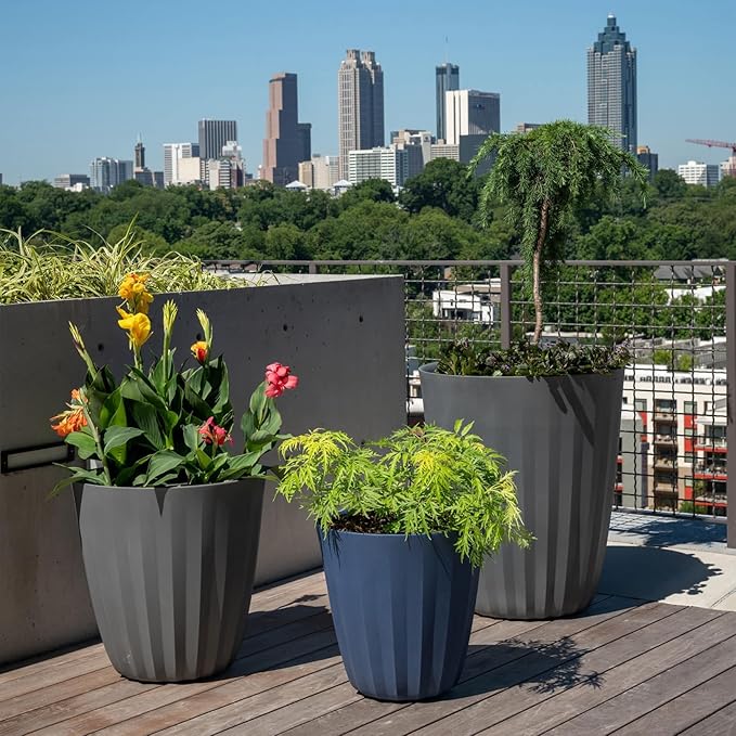 Crescent Garden Pleat Modern Decorative Planter, Indoor/Outdoor Pot, Resin Plant Pot with Drain Hole - 23" W x 23" H (Caviar Black)