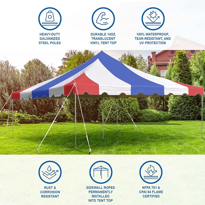 Party Tents Direct 20'x 20' Weekender Canopy Pole Tent with Sidewalls - Easy Up Canopy Tent with 80 Person Capacity - Outdoor Canopies for Parties, Weddings, and Events (Red White and Blue)