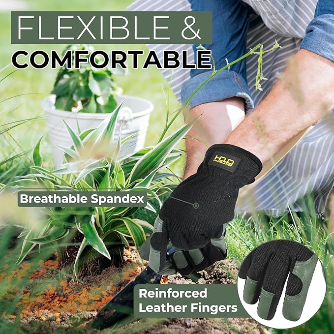 HANDLANDY Men Leather Gardening Gloves, Utility Work Gloves for Mechanics, Construction, Driver
