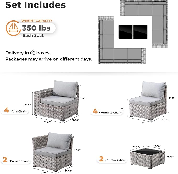 ovios 12 Pieces Patio Furniture Set, Outdoor Wicker Sectional Sofa with Glass Table Comfy Cushions, Modern Modular Deep Seat Couch Rattan Conversation Set, Dark Grey