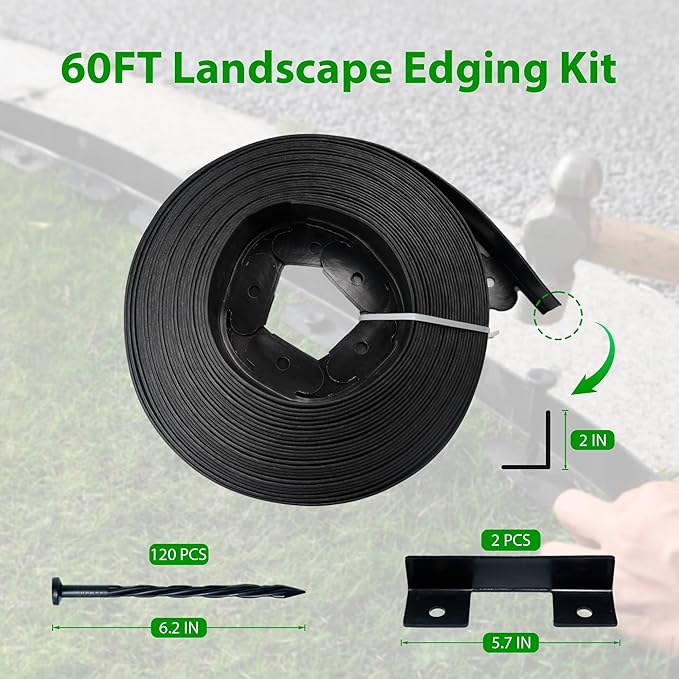 Landscape Edging Border 60 FT 2 Inch Tall with 120 Spikes, Plastic Edging for Landscaping, Garden Edging Border๏ผ Flower Bed, Paver and Lawn Edging Border, Black