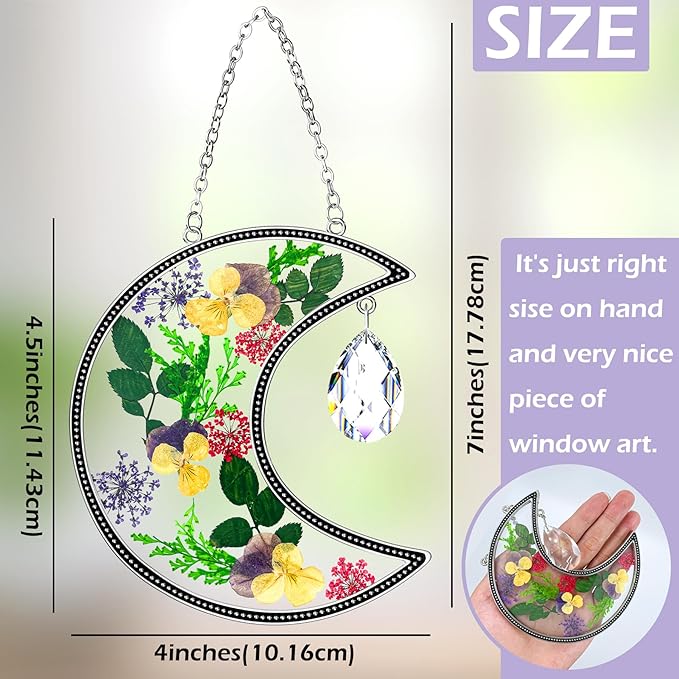 KY&BOSAM Crystal Moon Suncatchers Gifts for Mom Family Friends Stained Glass for Windows Wind Chimes Real Flower Colorful Crystal Outdoor for Garden Indoor Home Trees Patio Yard Porch Decor