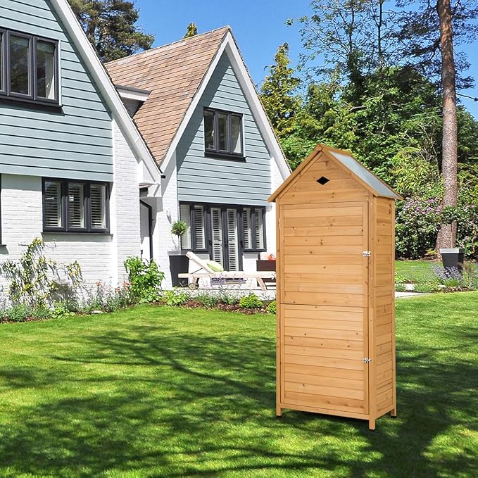 Goplus Outdoor Storage Shed, Lockable Fir Wood Garden Tool Storage Cabinet with Galvanized Sheet Roof for Garden, Yard, Natural Color