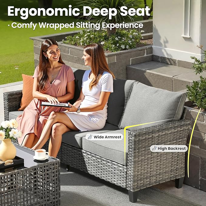 ovios 7 Pieces Patio Furniture Set with 42" Fire Pit Table, Outdoor Sofa Couch with Solar Lights Table Comfy Cushions, Modern Deep Seat Wicker Rattan Conversation Set, Dark Grey