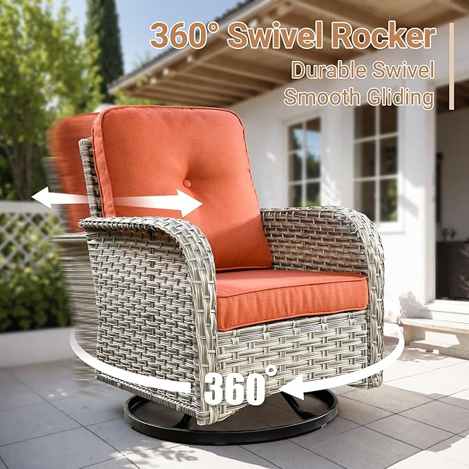 HOOOWOOO Outdoor Patio Furniture Set with Fire Pit Table,9 Pieces Wicker Out Door Sectional Furniture L Shaped Couch,Outside Patio Conversation Sets Swivel Chair,Orange Red