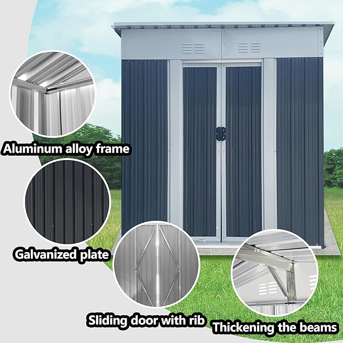 5x3FT Storage Shed with Sliding Lockable Door,Metal Outdoor Tool House W/Sloped Roof,All Weather Waterproof,for Backyard,Patio,Lawn,Garden,Grey