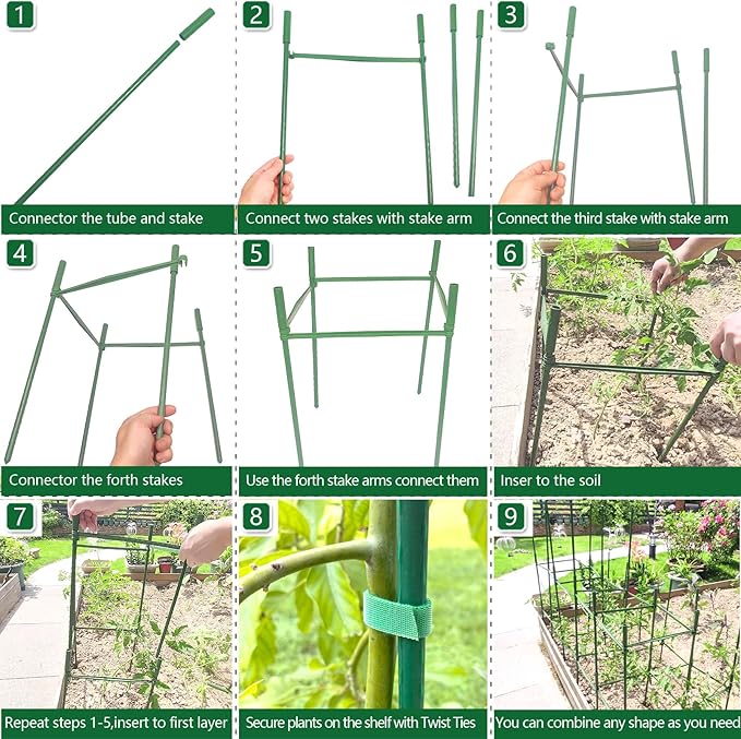 3Pack 18.5" Width Up to 48" Height Adjustable Square Tomato Cages for Garden, Plant Support Stakes for Climbing Vegetable, Tomatoe, Flower, with Twist Ties Snap-On Stake Arms