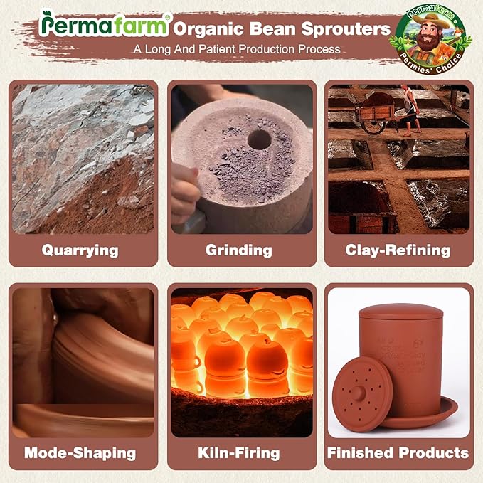 Permafarmยฎ Organic Bean Sprouter, Natural Earthen-Clay Mung Bean Sprouter, Sprouts Growing Kit for Soybeans, Broccoli, Alfalfa & More | Lead-Free, Cadmium-Free (Small Size for Individuals or Couples)
