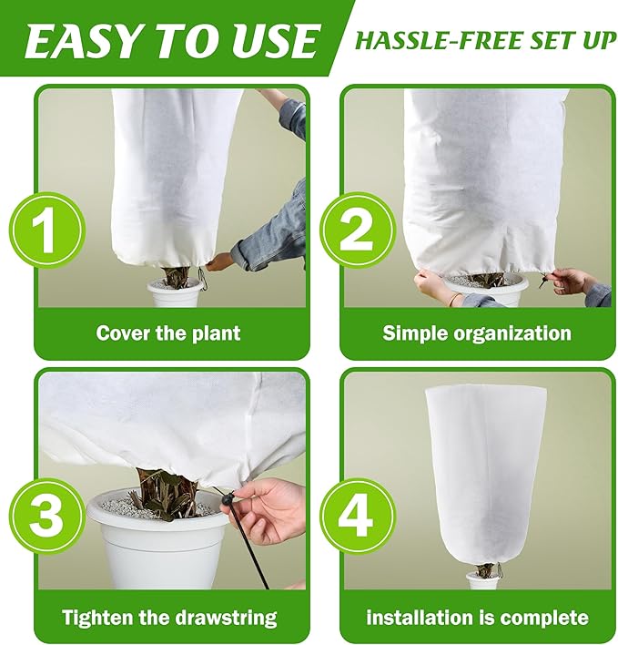 Alpurple 4 Packs Winter Drawstring Plant Covers-23.6 x 31.5 Inch Warm Plant Protection Cover Bags, Frost Cloth Blanket Protecting Fruit Tree Potted Plants from Freezing Animals Eating