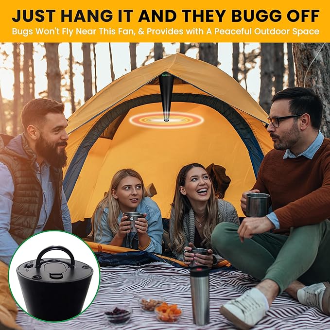 BUGGOFF Black Fly & Flying Insect Repellent Fan with Twin Blades, Table top & Hangable, Battery Powered or 5V Plug in, Batteries NOT Included. Safe Blades with Auto Stop. (1 Pack)